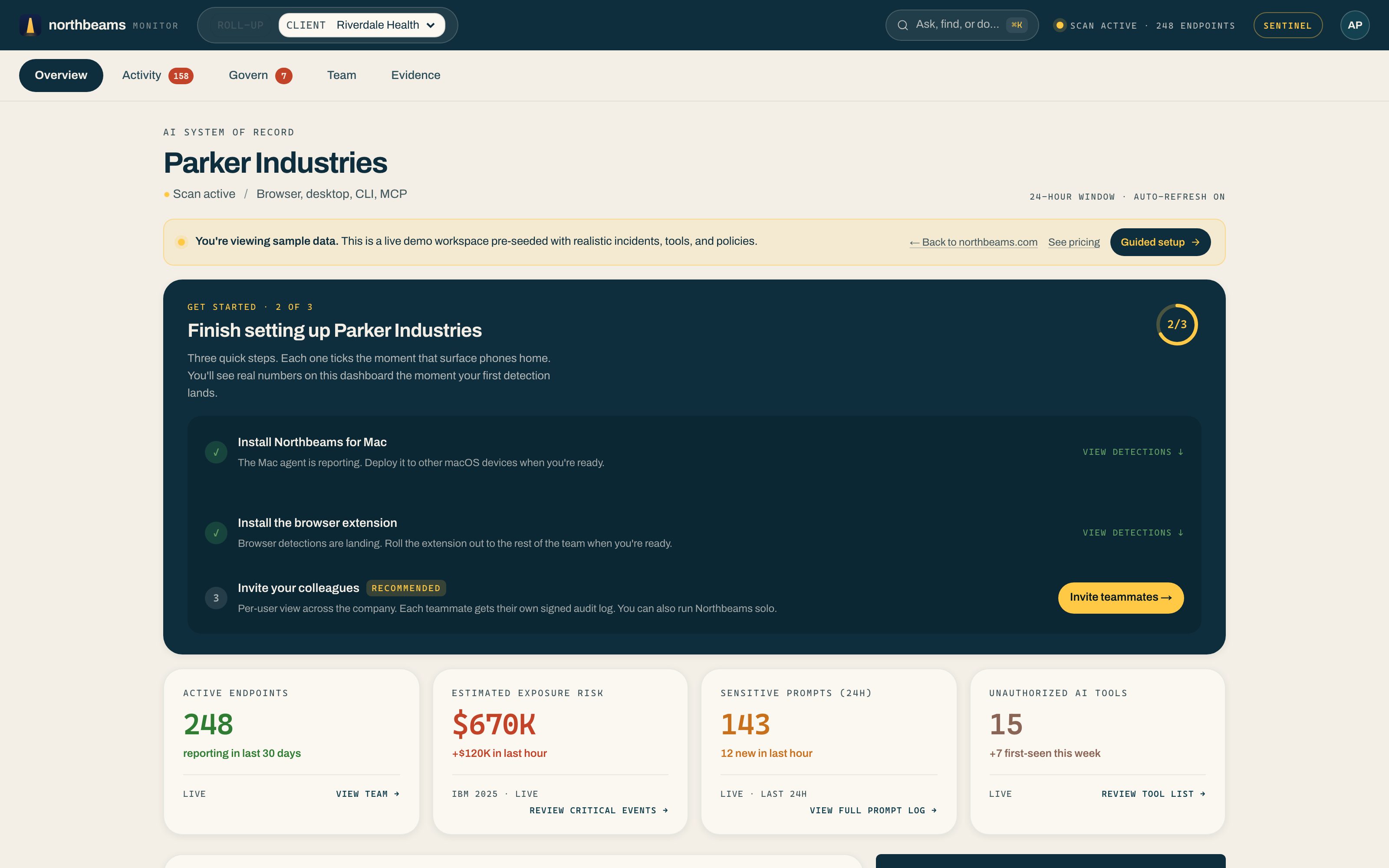 The Overview tab: your workspace, the guided setup steps, and the day's headline numbers, including active endpoints, estimated exposure, sensitive prompts, and unauthorized AI tools.