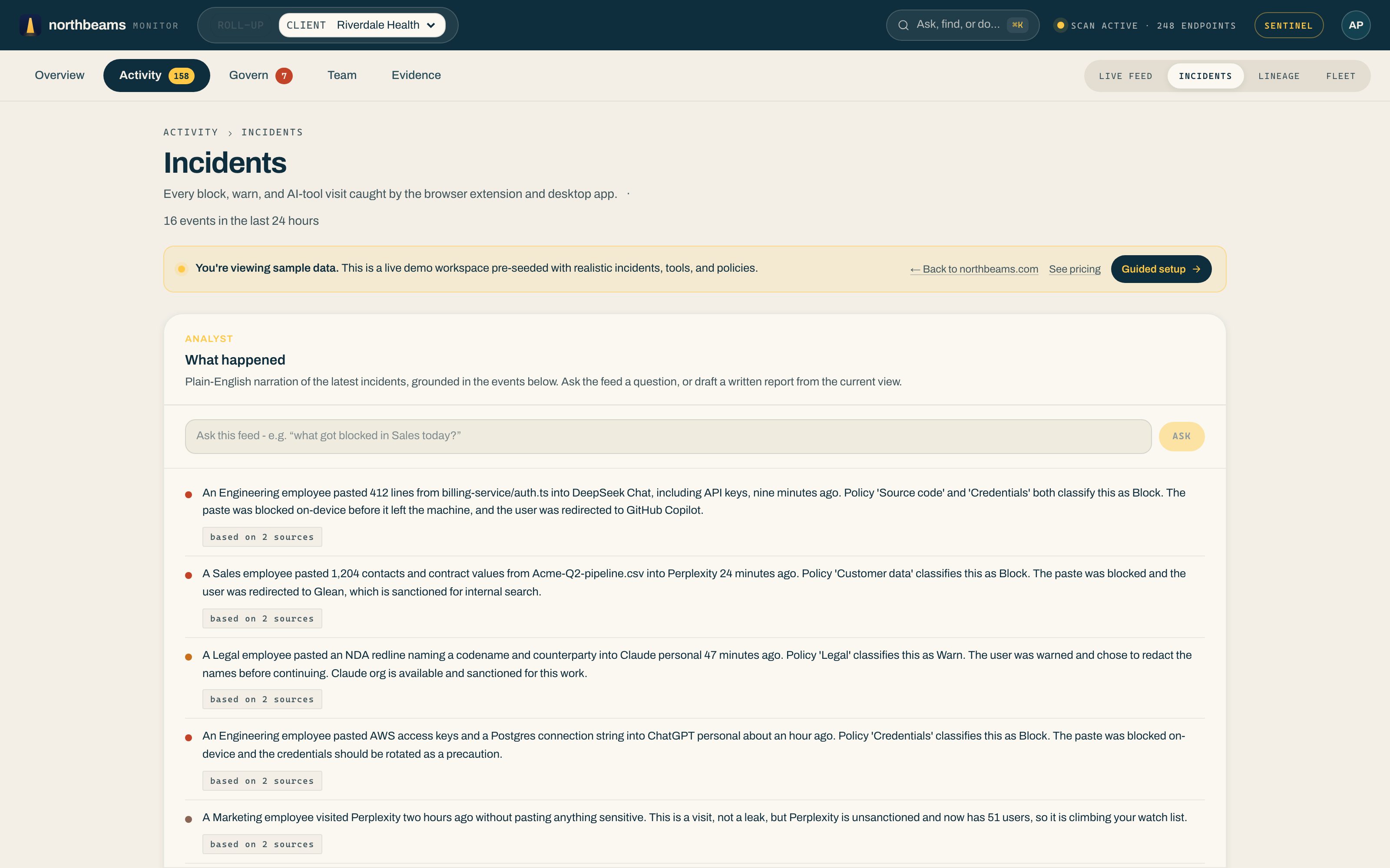 The Incidents page under Activity: a plain-English "What happened" summary and an ask box, above every event ranked by severity.