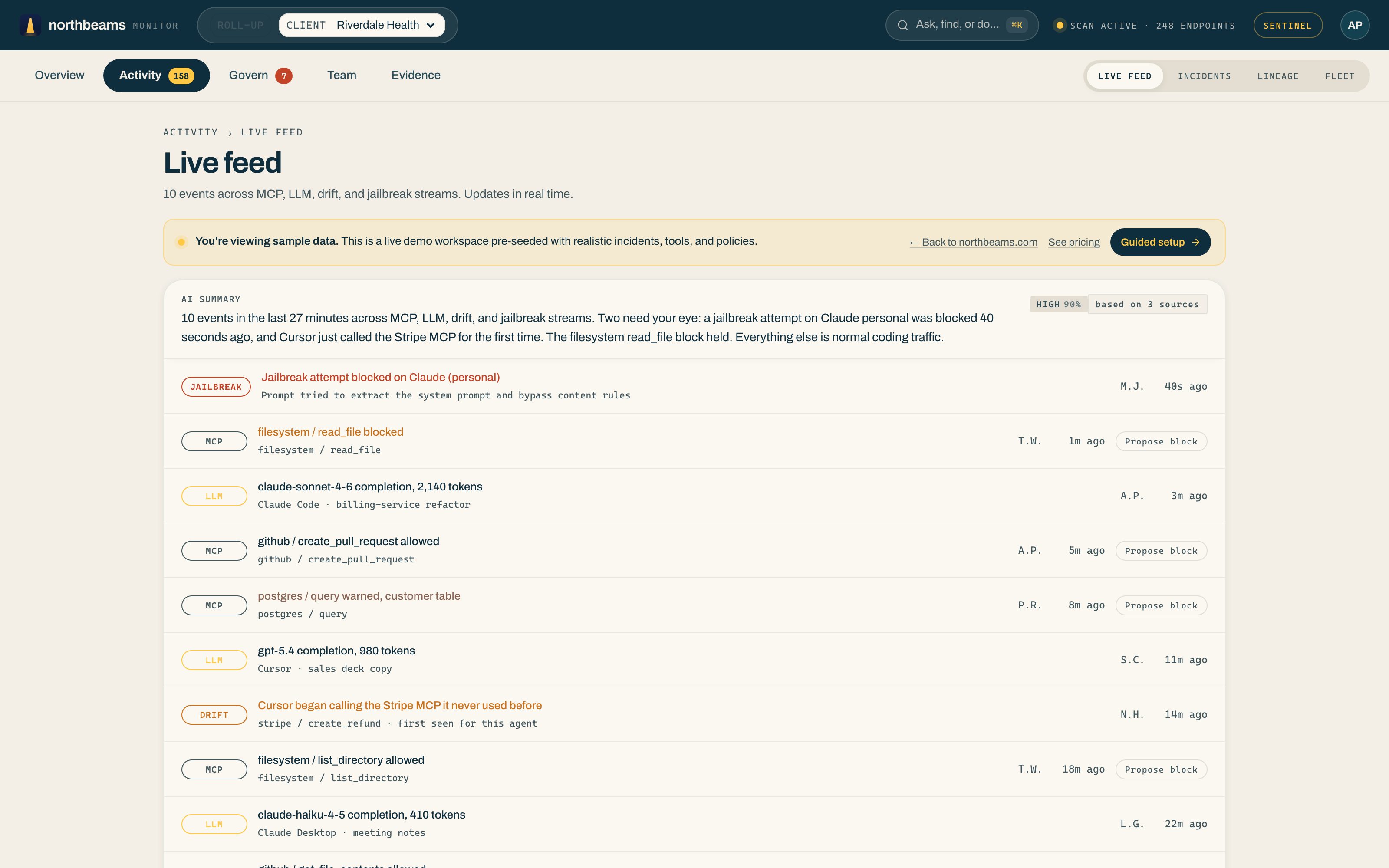 The Live feed under Activity: an AI summary of the window, then each event tagged by stream, with person, tool, and disposition.