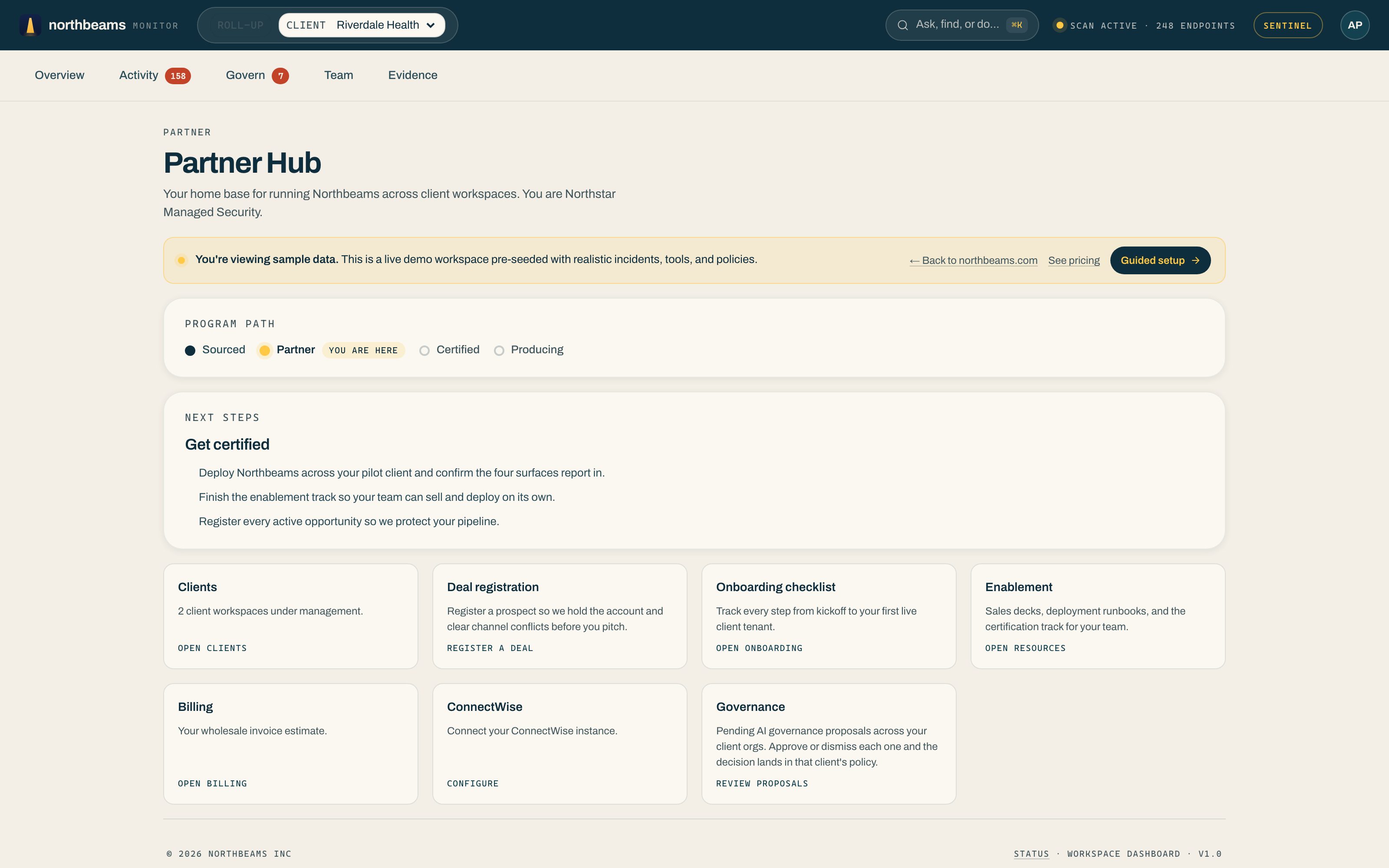 The Partner Hub: your program path and next steps, then cards for clients, deal registration, onboarding, enablement, billing, and cross-client governance.