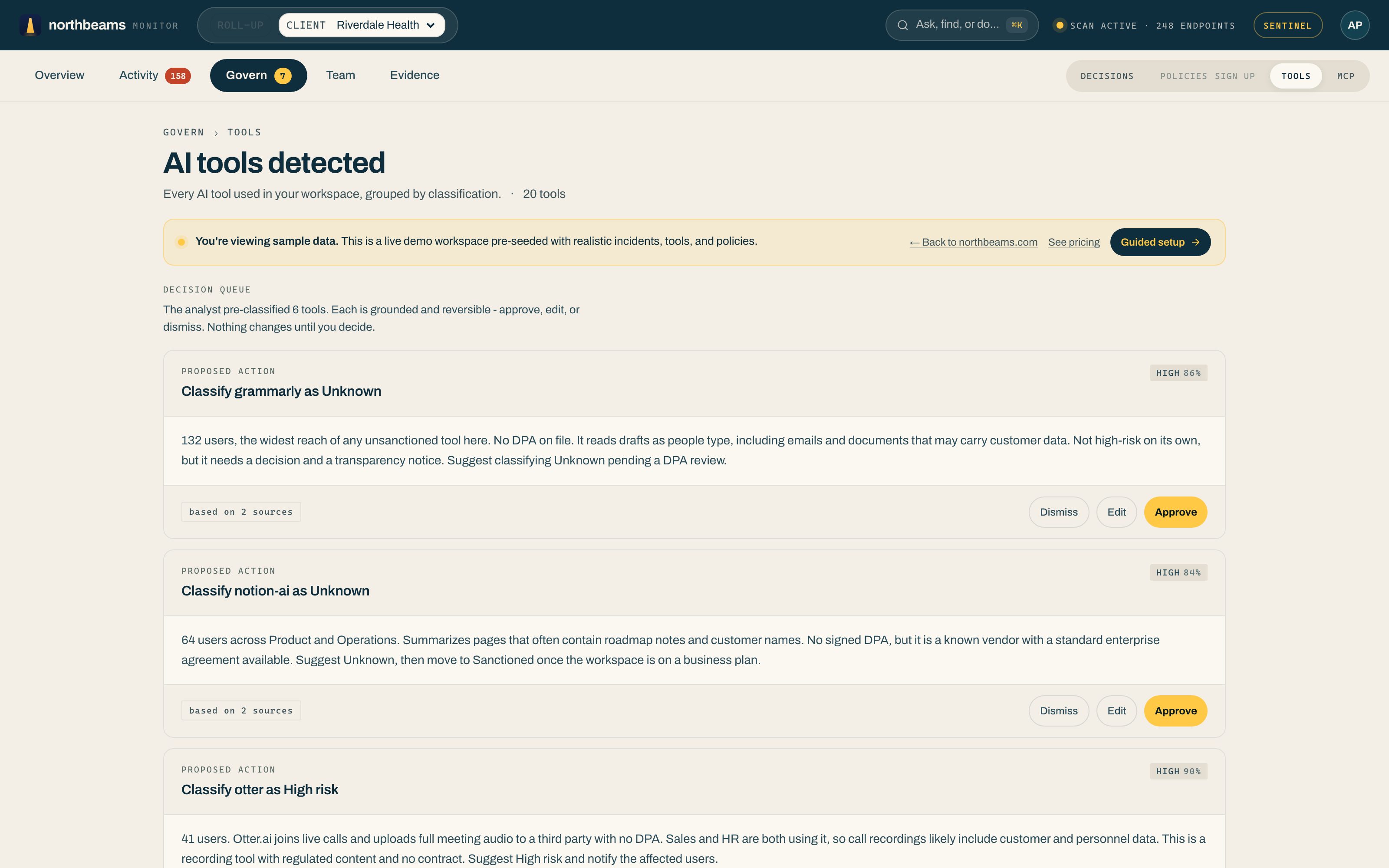 The Tools page under Govern: a decision queue of pre-classified tools you can approve, edit, or dismiss, above your full AI inventory.