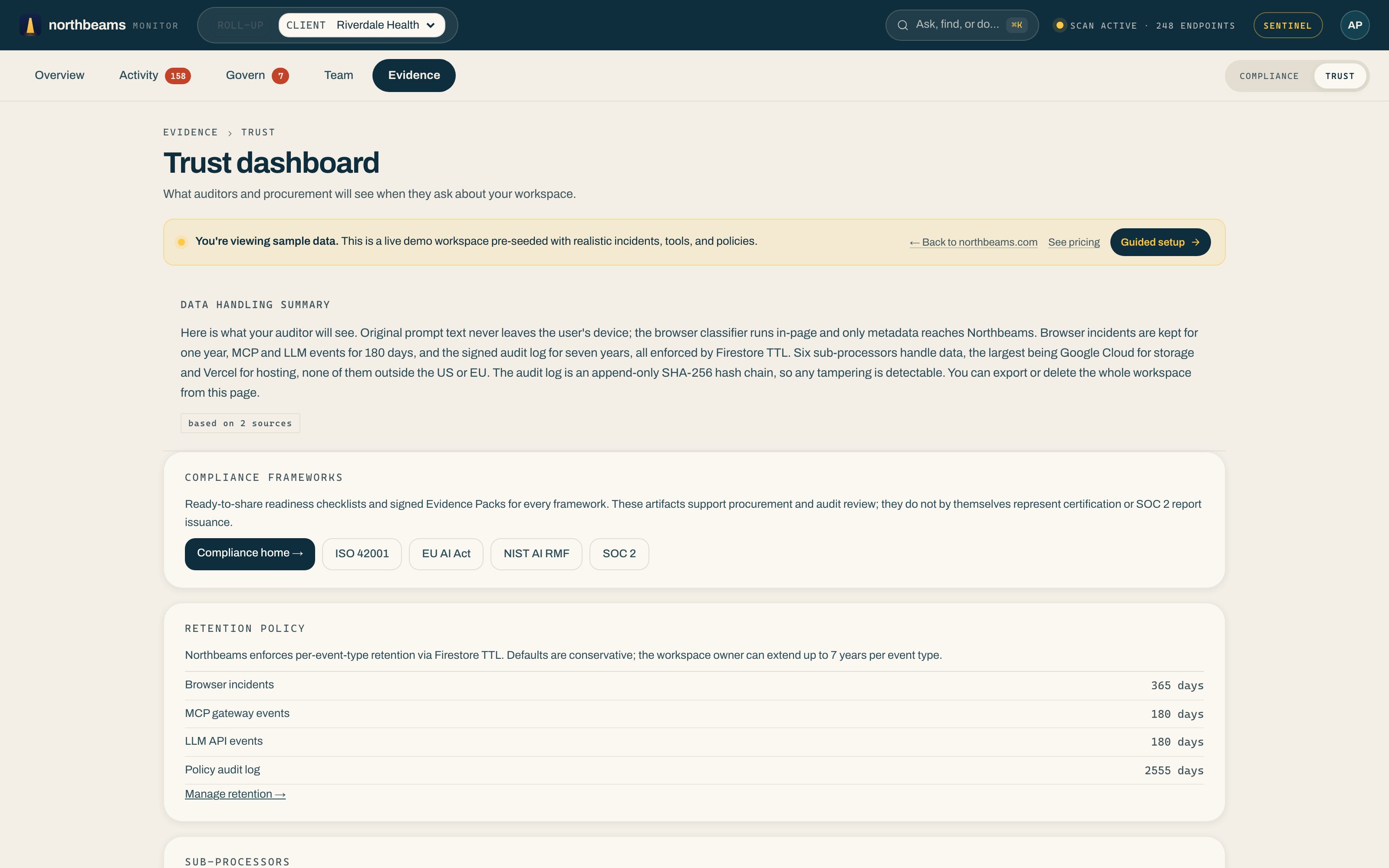 The Trust dashboard under Evidence: a data-handling summary, links to every compliance framework, a retention table, and the sub-processor list.